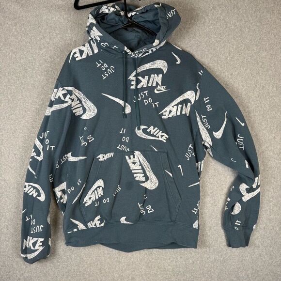 Nike Mens Size Medium All Over Swoosh Logo Print Hoodie Blue Pullover Pocket - Picture 1 of 7